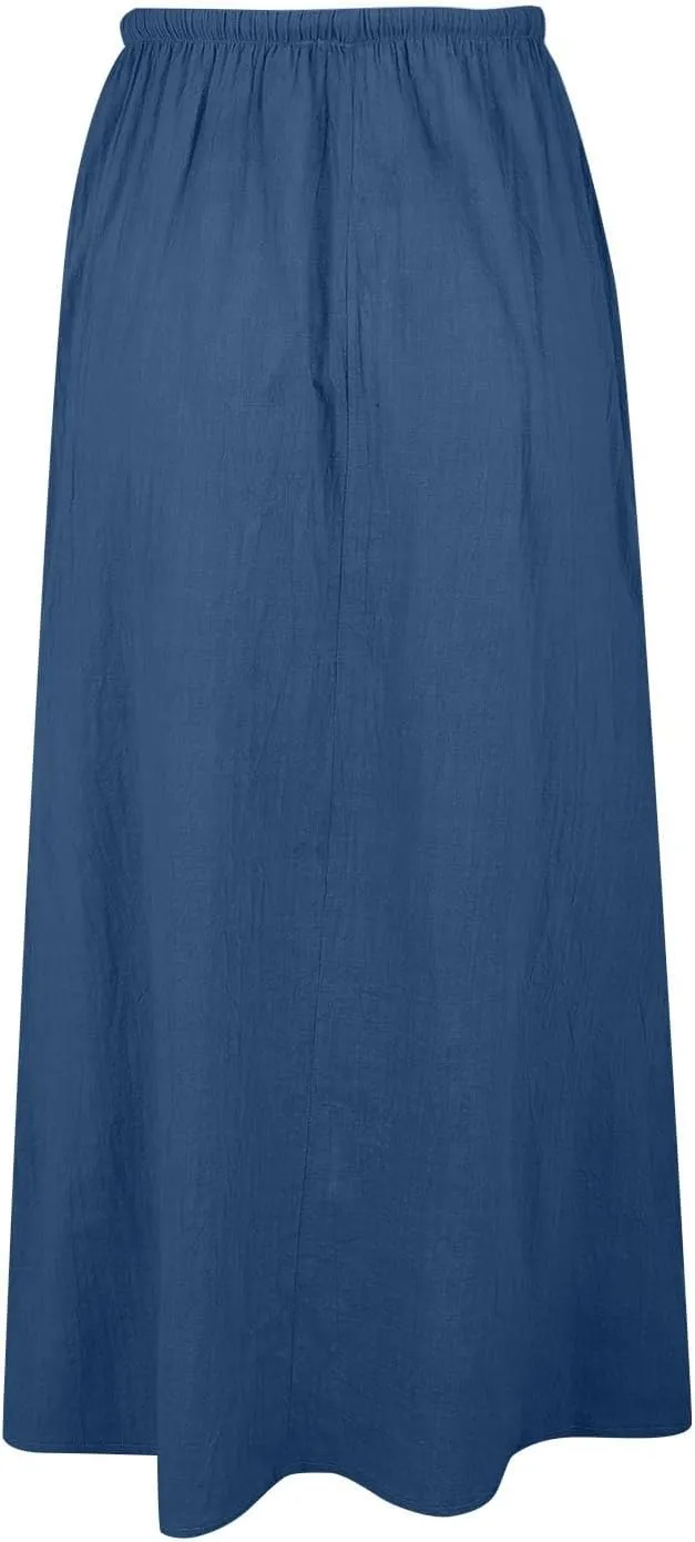Womens Linen Maxi Skirts Drawstring Low Waist A Line Casual Skirt Cute Vacation Long Flowy Cotton Outfits with Back Slit