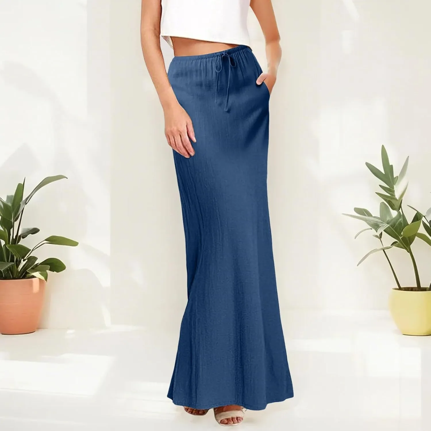Womens Linen Maxi Skirts Drawstring Low Waist A Line Casual Skirt Cute Vacation Long Flowy Cotton Outfits with Back Slit