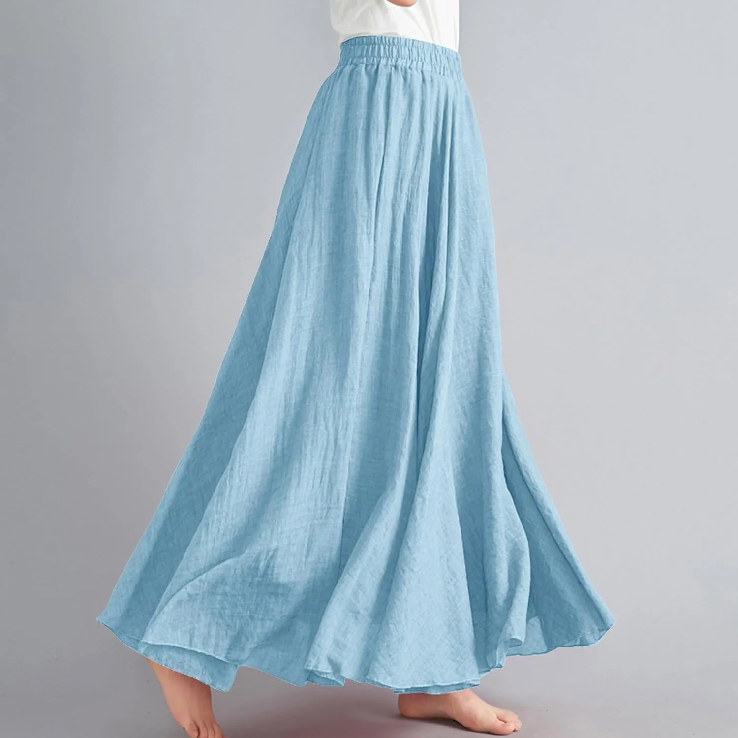 Womens Linen Maxi Skirts Solid Color Elastic Waist Pleated Beach Bohemian Long Skorts Casual Flowy Swing Maxi Skirt