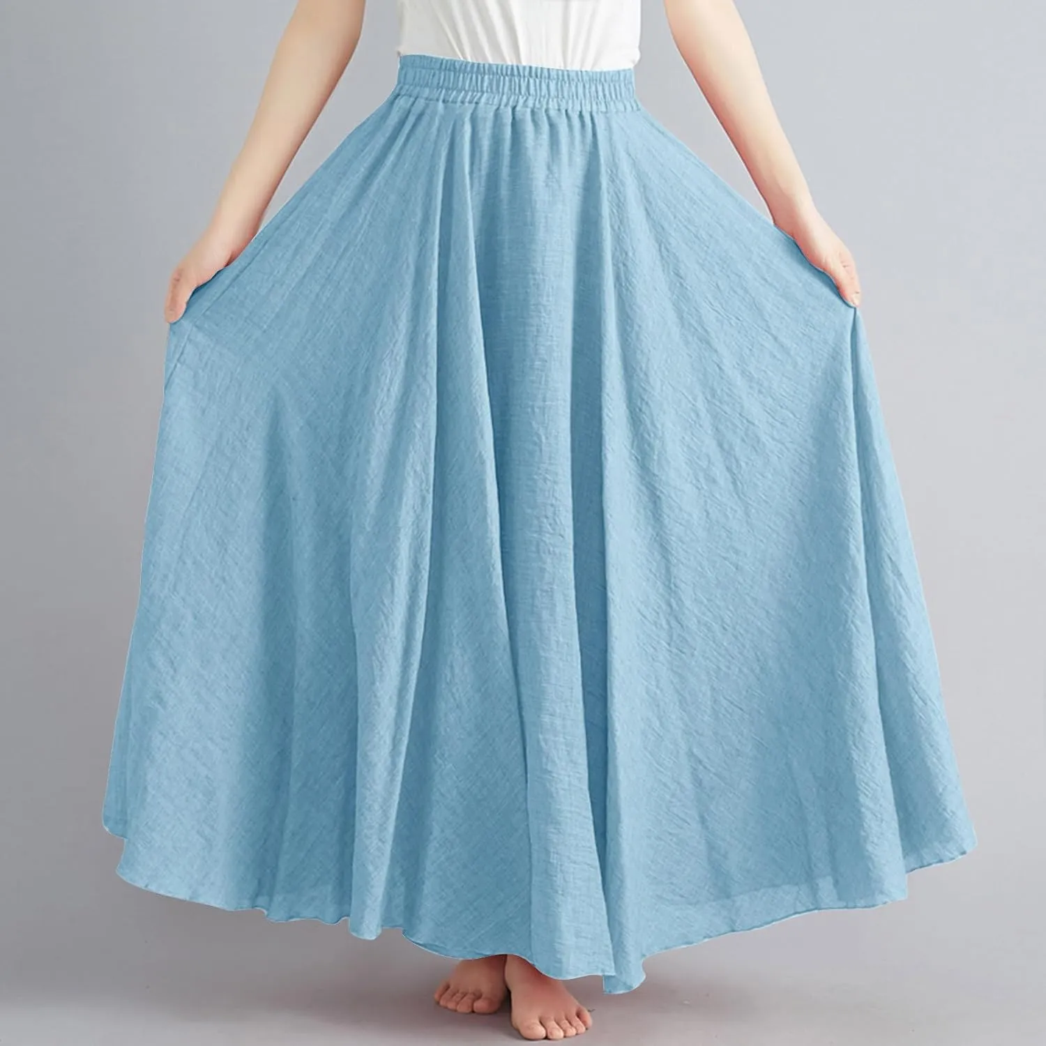 Womens Linen Maxi Skirts Solid Color Elastic Waist Pleated Beach Bohemian Long Skorts Casual Flowy Swing Maxi Skirt