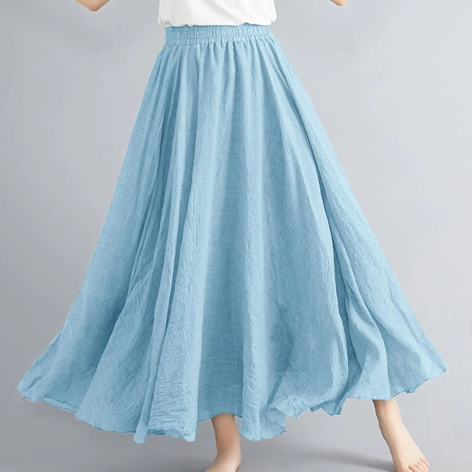 Womens Linen Maxi Skirts Solid Color Elastic Waist Pleated Beach Bohemian Long Skorts Casual Flowy Swing Maxi Skirt