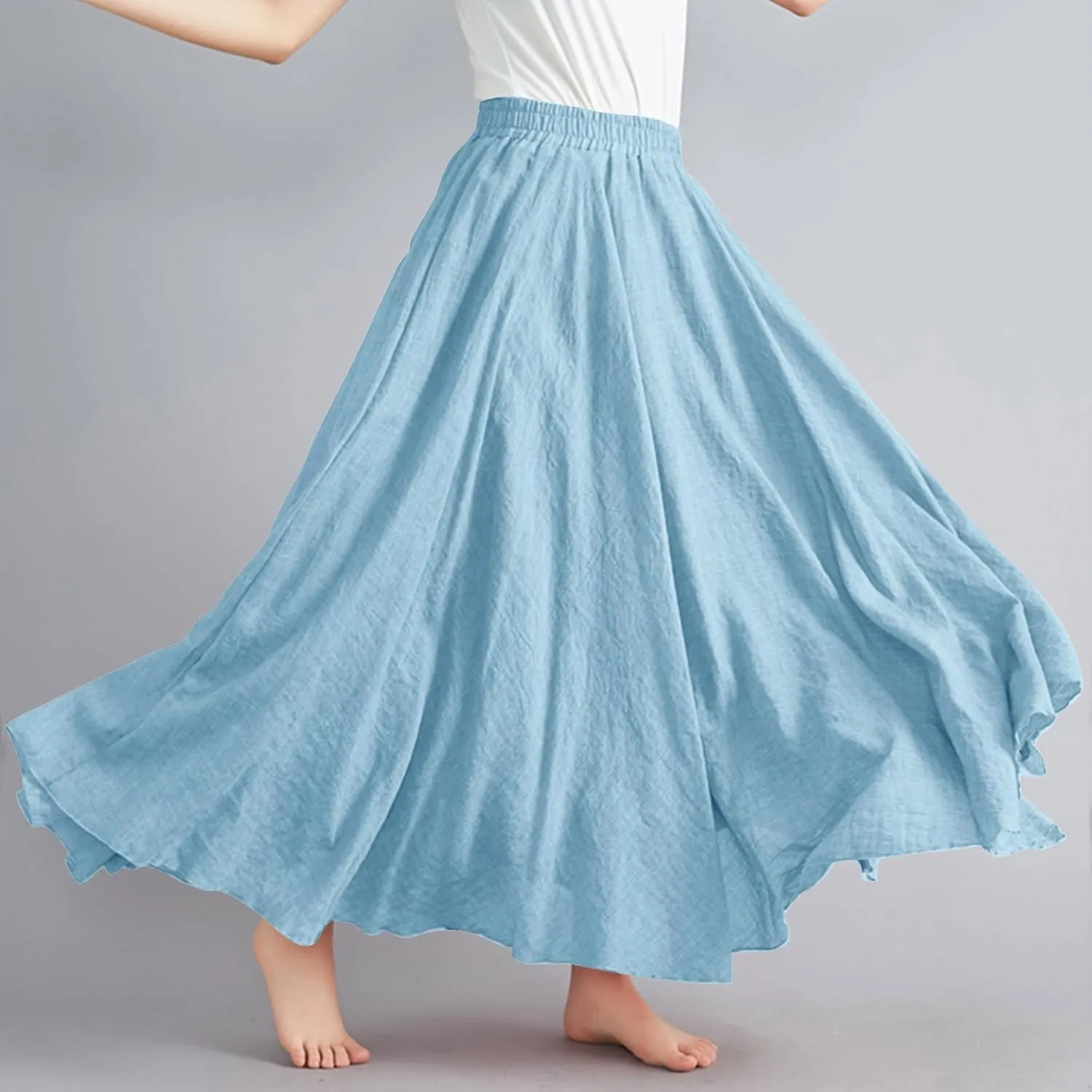 Womens Linen Maxi Skirts Solid Color Elastic Waist Pleated Beach Bohemian Long Skorts Casual Flowy Swing Maxi Skirt