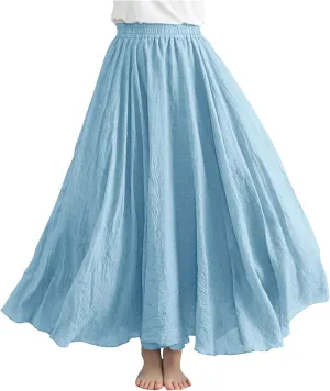 Womens Linen Maxi Skirts Solid Color Elastic Waist Pleated Beach Bohemian Long Skorts Casual Flowy Swing Maxi Skirt
