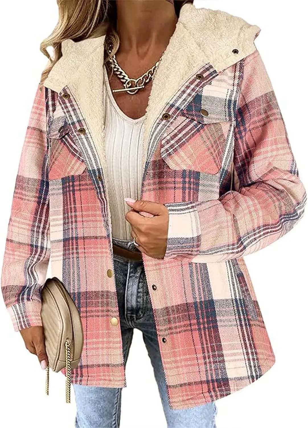 Womens Long Flannel Coats Plaid Long Sleeves Suit Collar Casual Jackets Fleece Lined Button Down Loose Winter Coats
