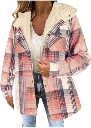 Womens Long Flannel Coats Plaid Long Sleeves Suit Collar Casual Jackets Fleece Lined Button Down Loose Winter Coats