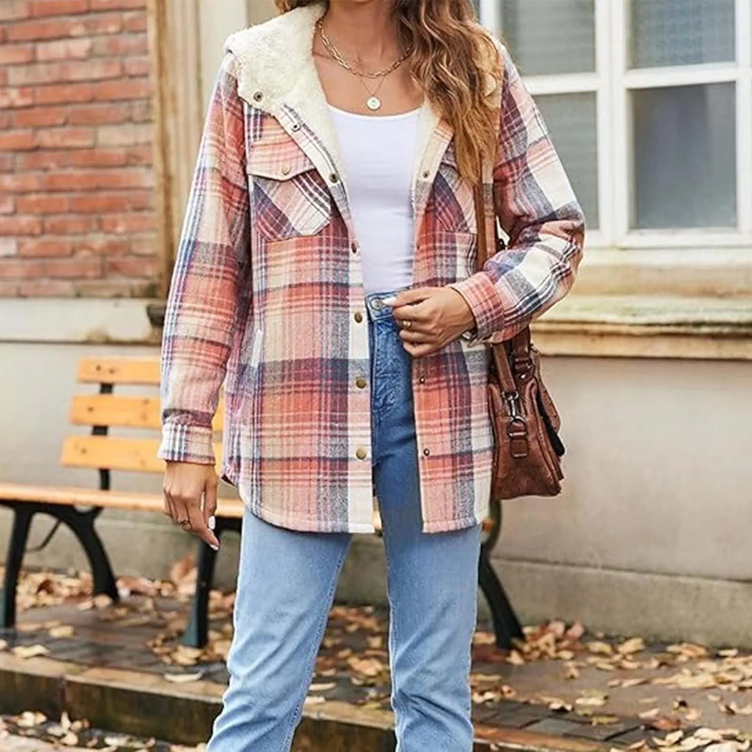 Womens Long Flannel Coats Plaid Long Sleeves Suit Collar Casual Jackets Fleece Lined Button Down Loose Winter Coats