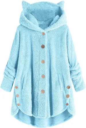 Womens Long Fleece Jackets Winter Hooded Coats Oversized Button Down Cardigan Sweater Warm Soft Jacket with Pockets