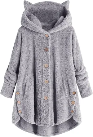 Womens Long Fleece Jackets Winter Hooded Coats Oversized Button Down Cardigan Sweater Warm Soft Jacket with Pockets