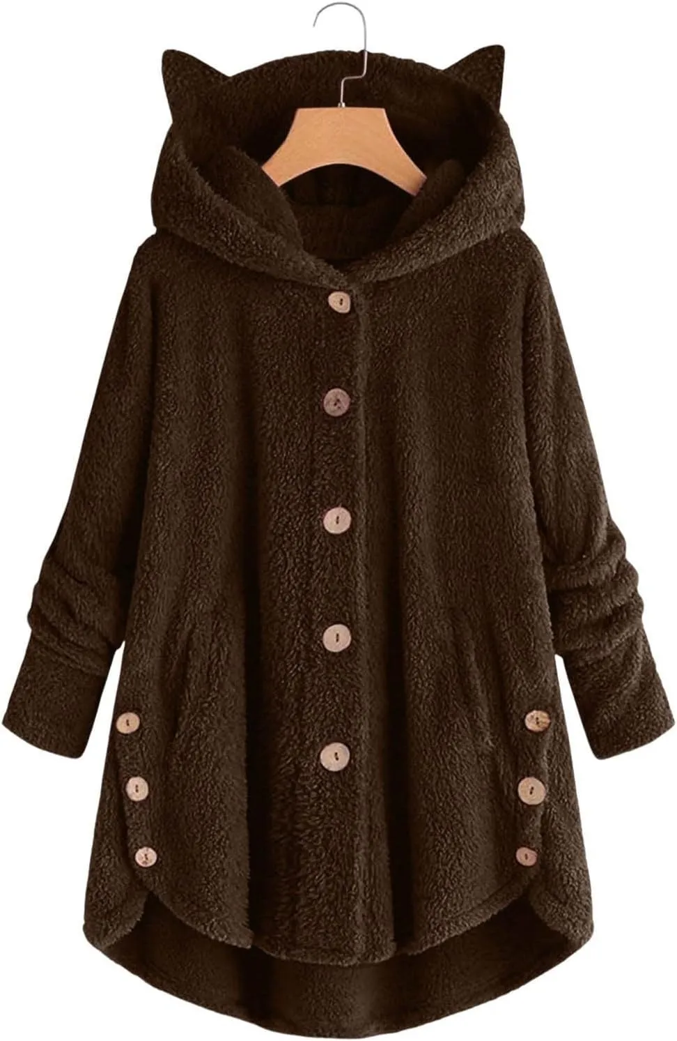Womens Long Fleece Jackets Winter Hooded Coats Oversized Button Down Cardigan Sweater Warm Soft Jacket with Pockets