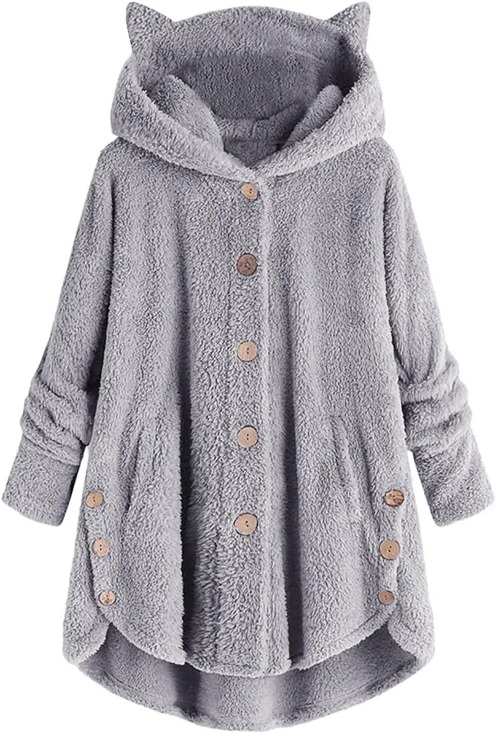 Womens Long Fleece Jackets Winter Hooded Coats Oversized Button Down Cardigan Sweater Warm Soft Jacket with Pockets