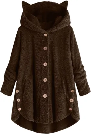 Womens Long Fleece Jackets Winter Hooded Coats Oversized Button Down Cardigan Sweater Warm Soft Jacket with Pockets