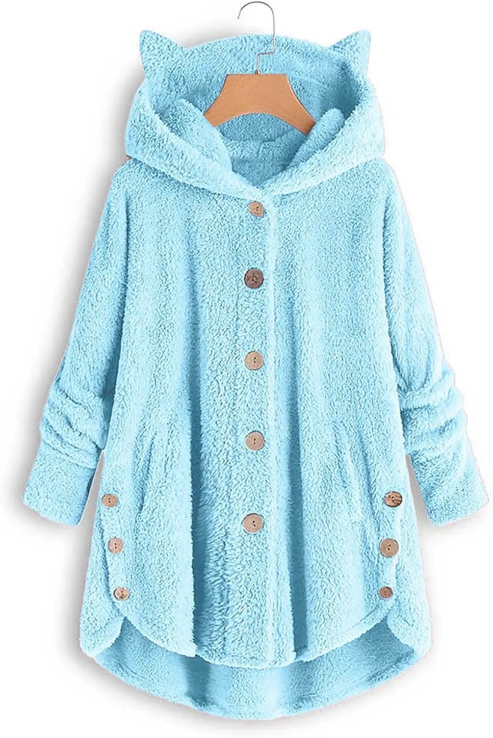 Womens Long Fleece Jackets Winter Hooded Coats Oversized Button Down Cardigan Sweater Warm Soft Jacket with Pockets