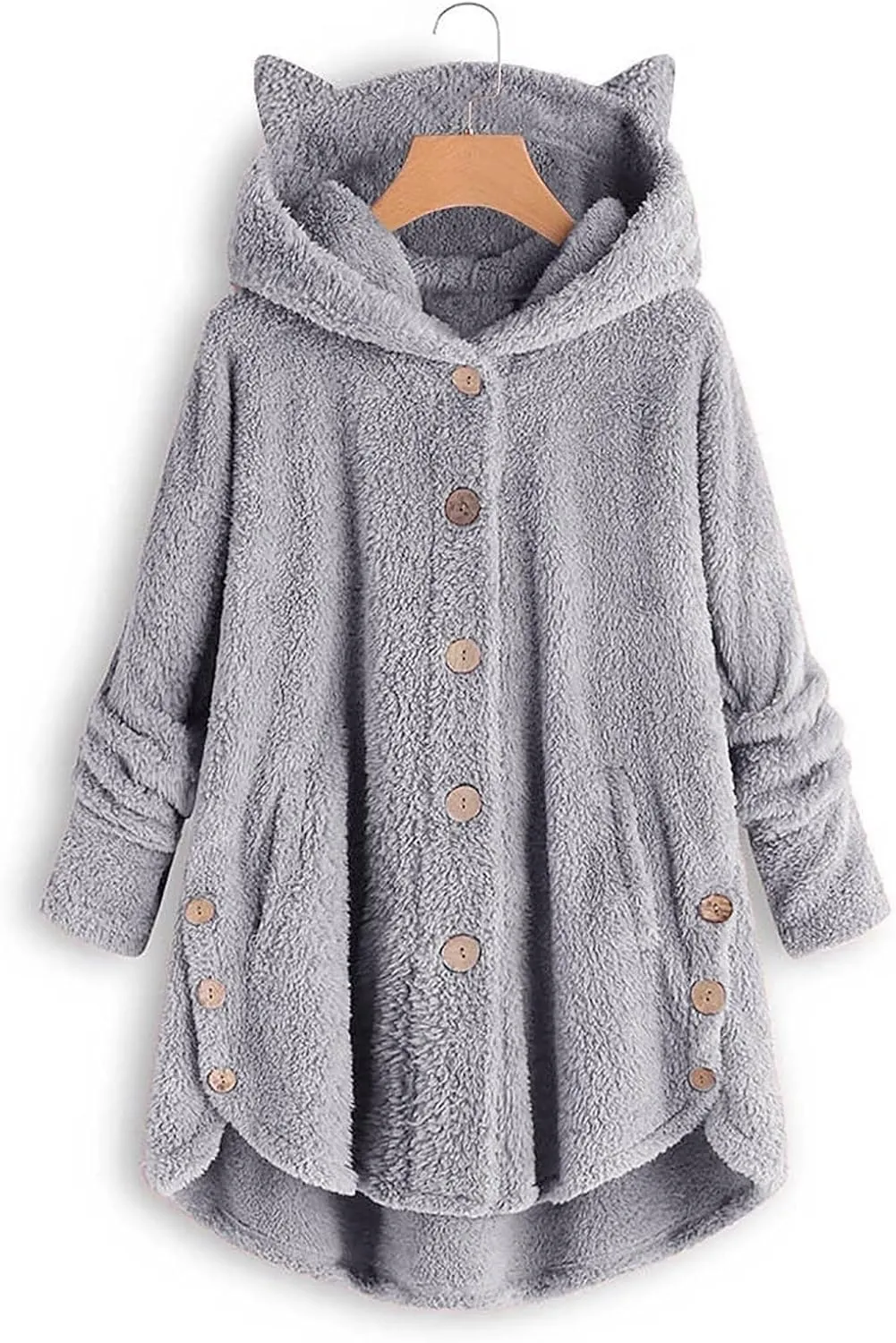 Womens Long Fleece Jackets Winter Hooded Coats Oversized Button Down Cardigan Sweater Warm Soft Jacket with Pockets