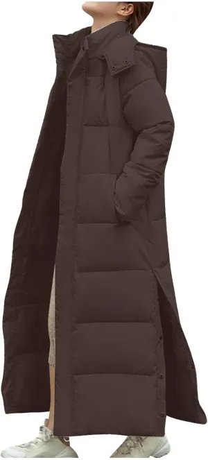 Women's Long Quilted Coat Maxi Length Long Sleeve Puffer Jacket Hooded Padded Down Coats Thick Warm Winter Outerwear