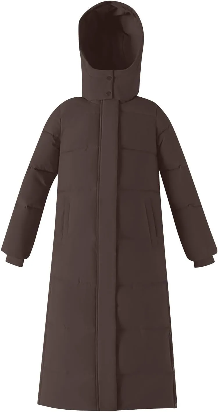 Women's Long Quilted Coat Maxi Length Long Sleeve Puffer Jacket Hooded Padded Down Coats Thick Warm Winter Outerwear