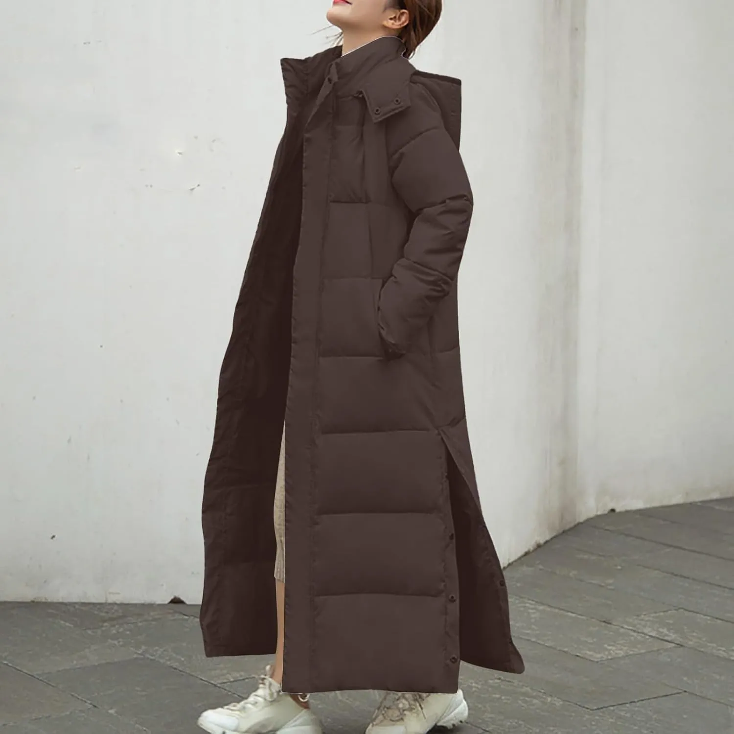 Women's Long Quilted Coat Maxi Length Long Sleeve Puffer Jacket Hooded Padded Down Coats Thick Warm Winter Outerwear