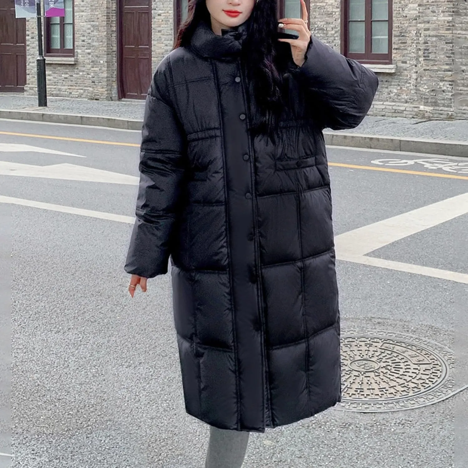 Womens Long Quilted Jackets Lightweight Puffer Down Jacket Thickened Warm Quilted Winter Coat Outerwear with Pockets