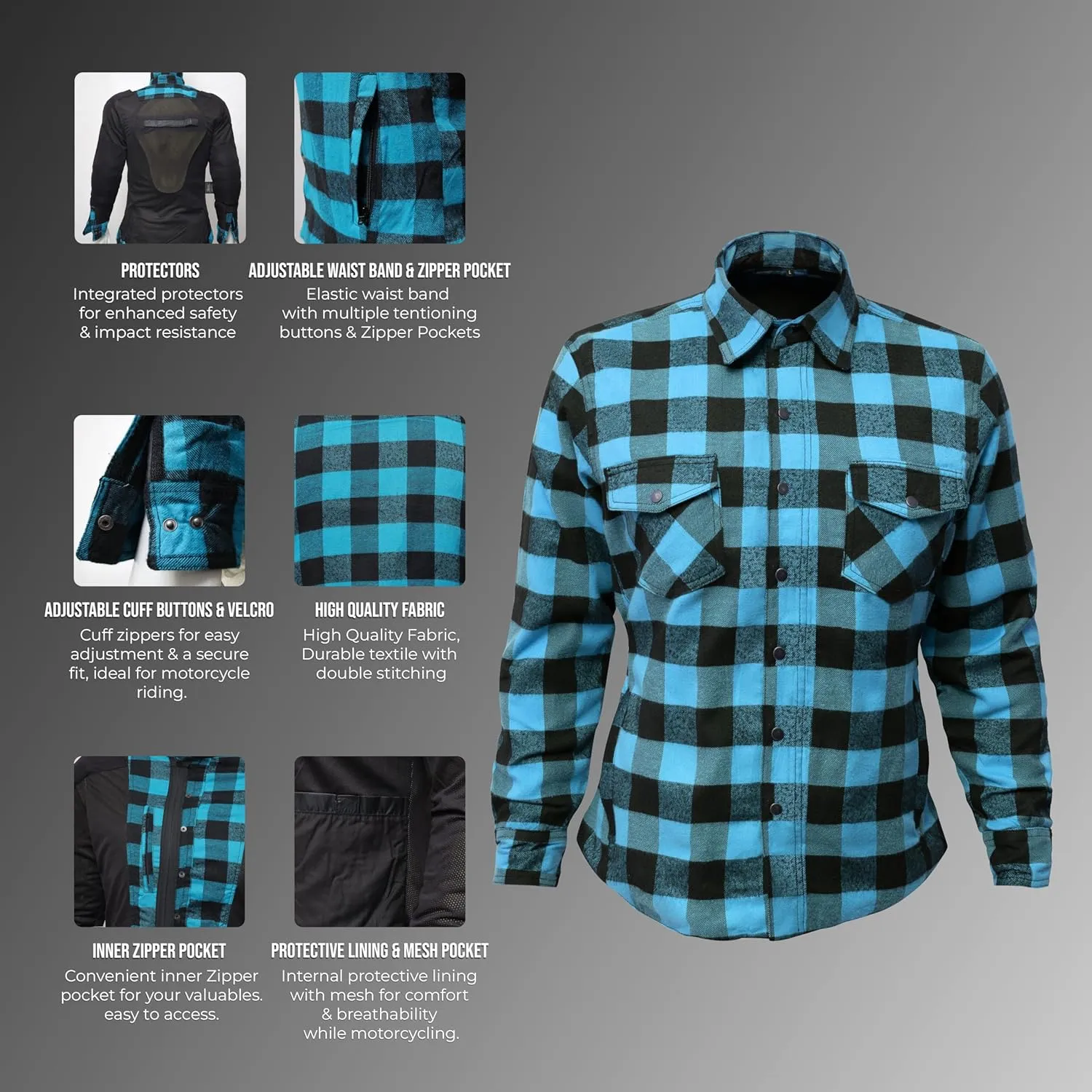 Women’s Motorcycle Flannel Shirt – CE Armored Cotton Plaid Riding Jacket– Women Protective Gear