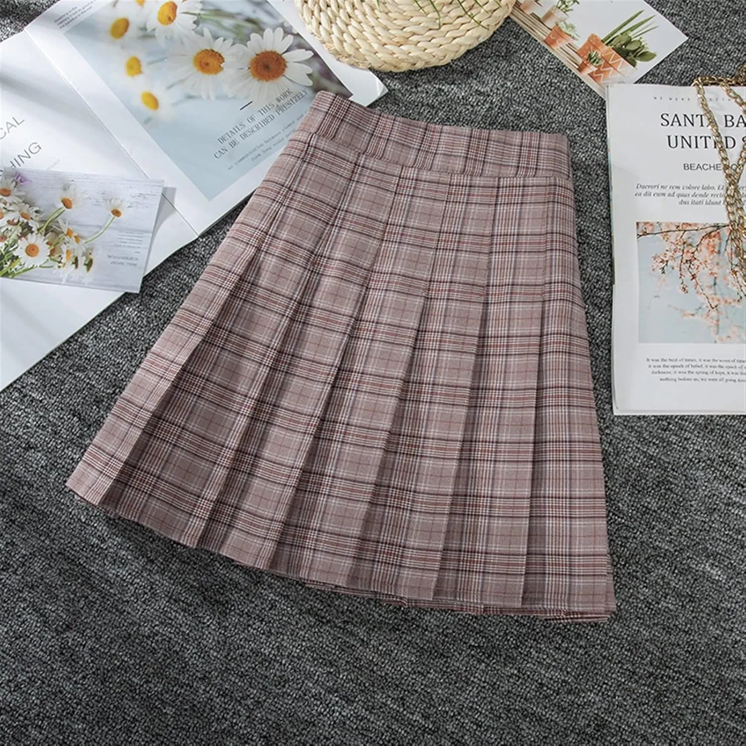 Women's Preppy Pleated Skirt High Waist A-line Mini Skirt (Color : Brown A, Size : XXL)