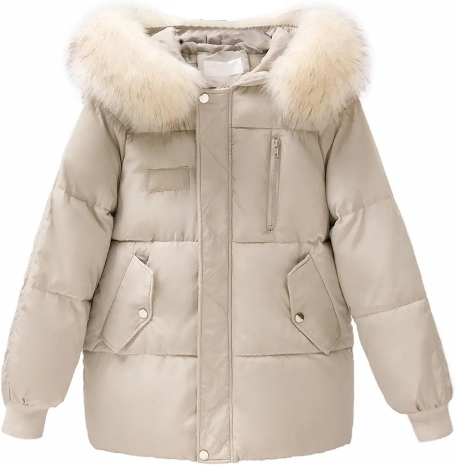 Women's Puffer Jackets Warm Thickened Zip Up Down Jackets Quilted Parkas with Faux Fur Hood Casual Outerwears Pockets