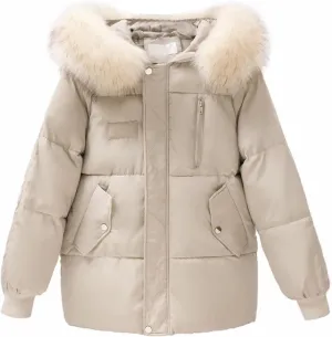 Women's Puffer Jackets Warm Thickened Zip Up Down Jackets Quilted Parkas with Faux Fur Hood Casual Outerwears Pockets