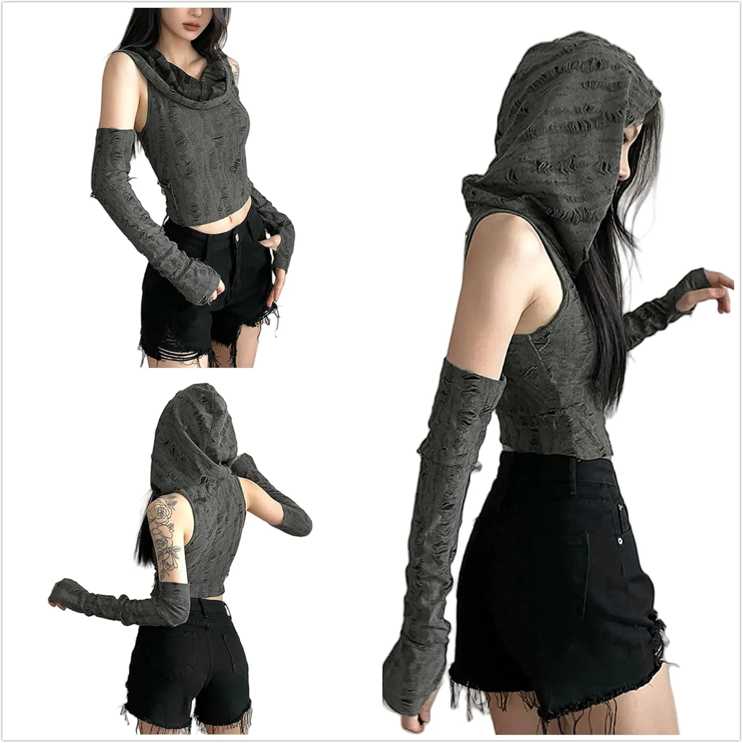 Womens Ripped Hoodie Sweater Vest Hollow Out Hooded Crop Top Knit Pullover Streetwear with Oversleeve