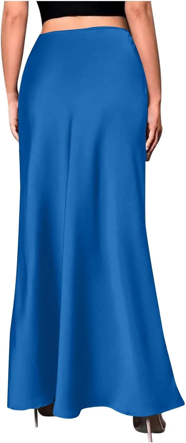 Women's Satin High Waist Midi Long Skirt Trendy Elastic Waistband Elegant Skirt Party Wedding A-line Silk Skirts