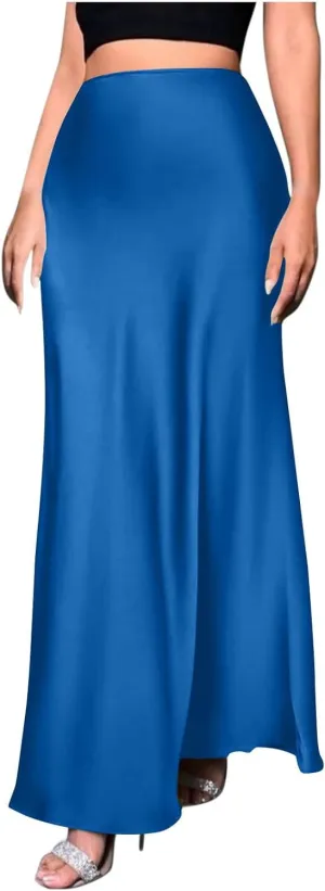 Women's Satin High Waist Midi Long Skirt Trendy Elastic Waistband Elegant Skirt Party Wedding A-line Silk Skirts