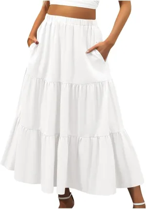 WomenS Summer Boho Flowy Skorts Swing Tiered A-Line Maxi Skirt Fashion Trendy Elastic Waist Pleated Long Beach Dress