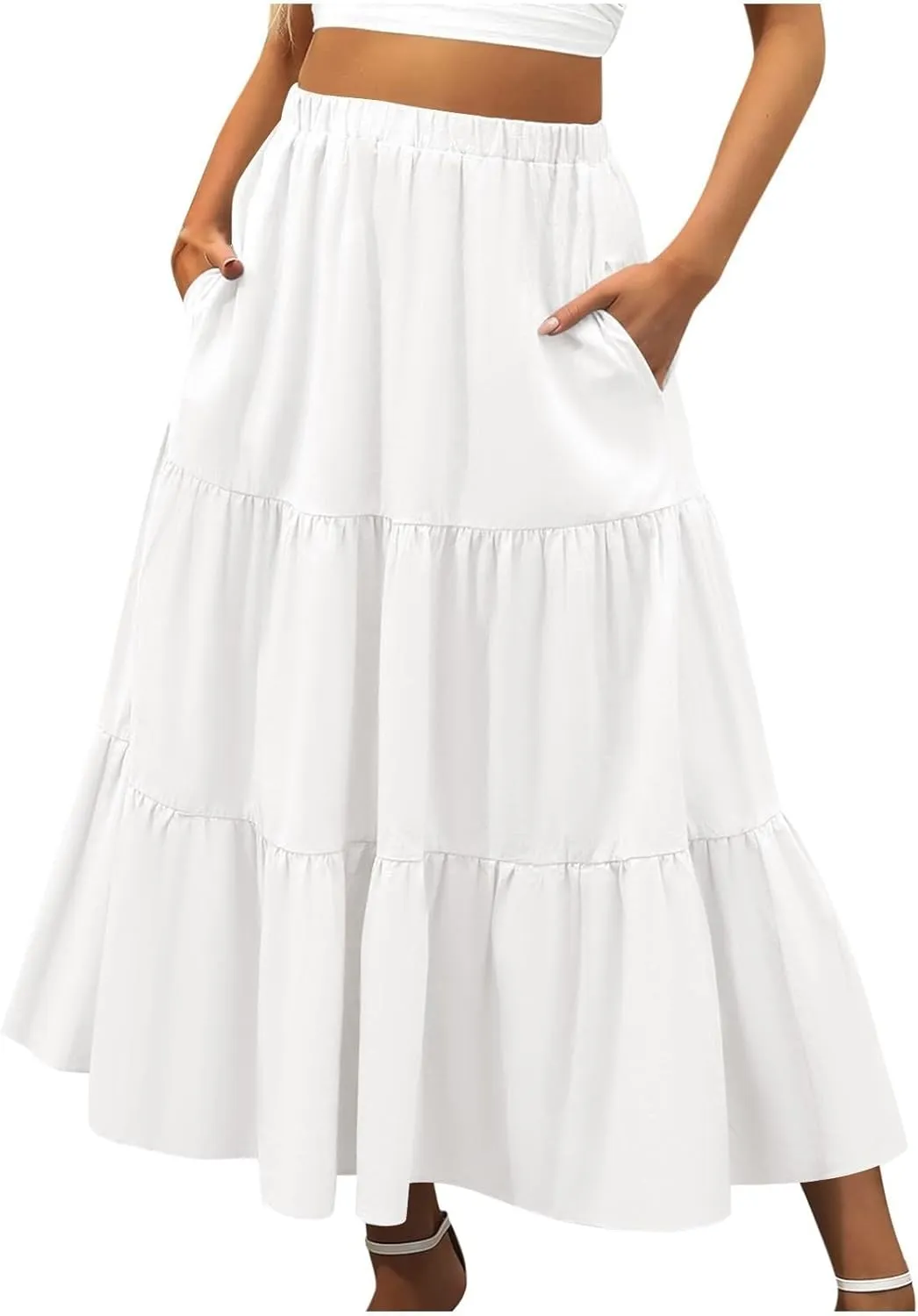 WomenS Summer Boho Flowy Skorts Swing Tiered A-Line Maxi Skirt Fashion Trendy Elastic Waist Pleated Long Beach Dress