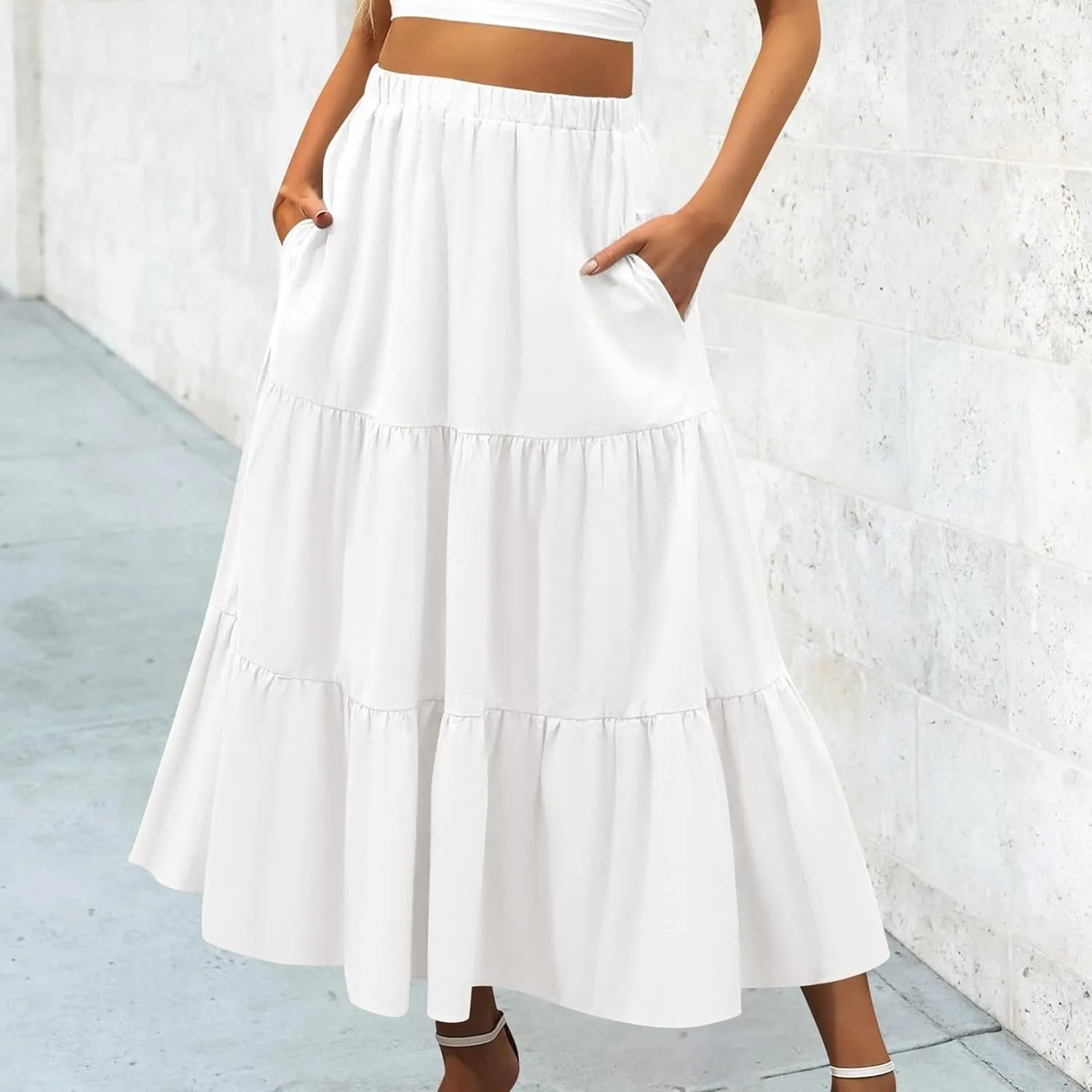 WomenS Summer Boho Flowy Skorts Swing Tiered A-Line Maxi Skirt Fashion Trendy Elastic Waist Pleated Long Beach Dress