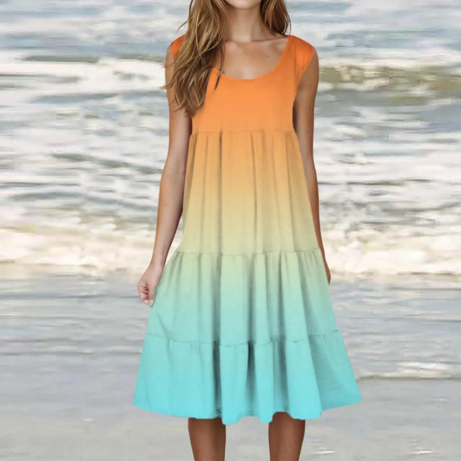 Womens Summer Dresses 2025 Crew Neck Casual Sundresses Sleeveless Flowy Dress Loose Vacation Midi Dress