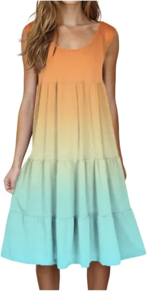 Womens Summer Dresses 2025 Crew Neck Casual Sundresses Sleeveless Flowy Dress Loose Vacation Midi Dress