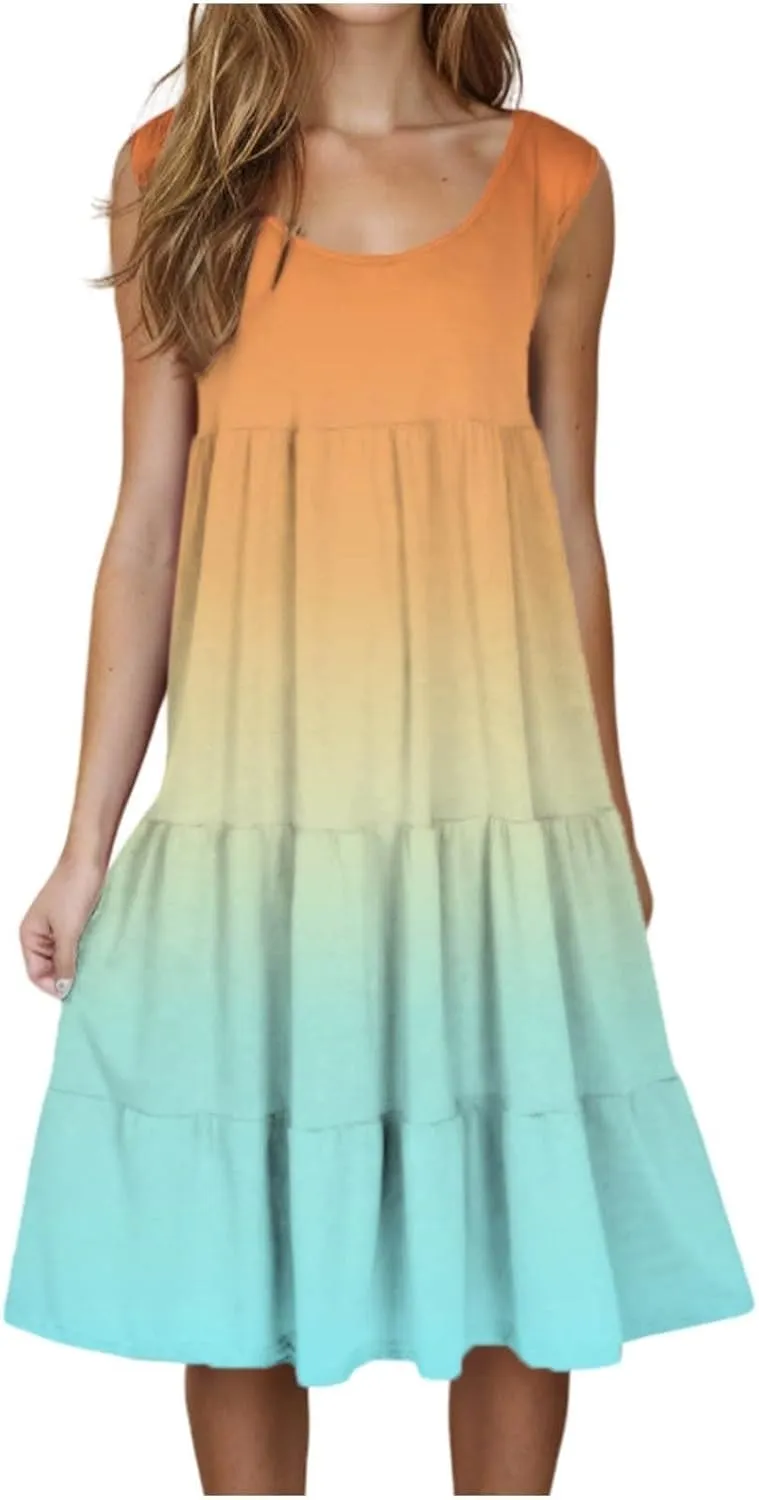 Womens Summer Dresses 2025 Crew Neck Casual Sundresses Sleeveless Flowy Dress Loose Vacation Midi Dress