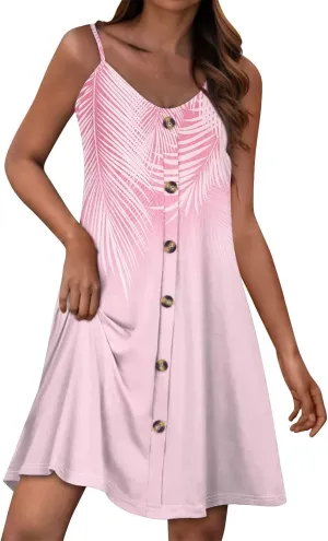 Womens Summer Dresses Floral Beach Mini Dress Button Flowy Sleeveless Beach Cover Up Spaghetti Strap Casual Sundresses