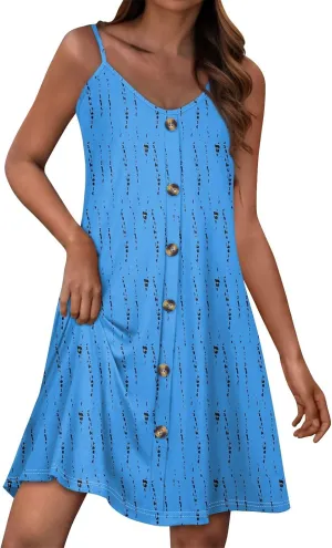 Womens Summer Dresses Floral Beach Mini Dress Button Flowy Sleeveless Beach Cover Up Spaghetti Strap Casual Sundresses