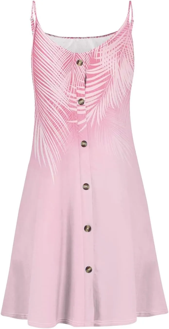 Womens Summer Dresses Floral Beach Mini Dress Button Flowy Sleeveless Beach Cover Up Spaghetti Strap Casual Sundresses