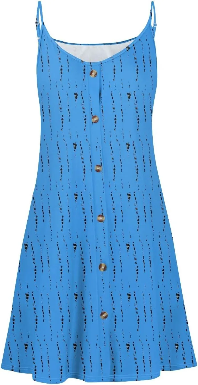 Womens Summer Dresses Floral Beach Mini Dress Button Flowy Sleeveless Beach Cover Up Spaghetti Strap Casual Sundresses