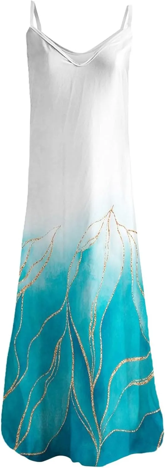 Womens Summer Dresses Spaghetti Strap Casual Sundresses Sleeveless V Neck Beach Loose Maxi Dress 2025