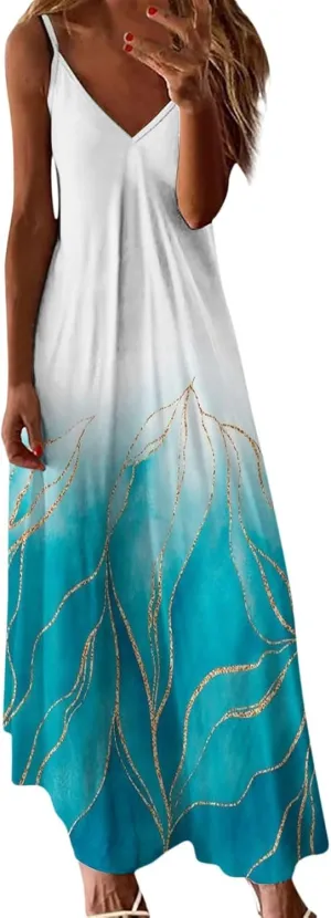 Womens Summer Dresses Spaghetti Strap Casual Sundresses Sleeveless V Neck Beach Loose Maxi Dress 2025