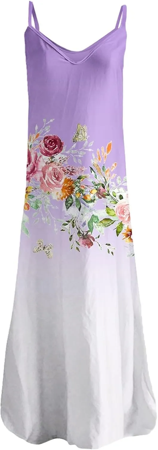 Womens Summer Dresses Spaghetti Strap Casual Sundresses Sleeveless V Neck Beach Loose Maxi Dress 2025