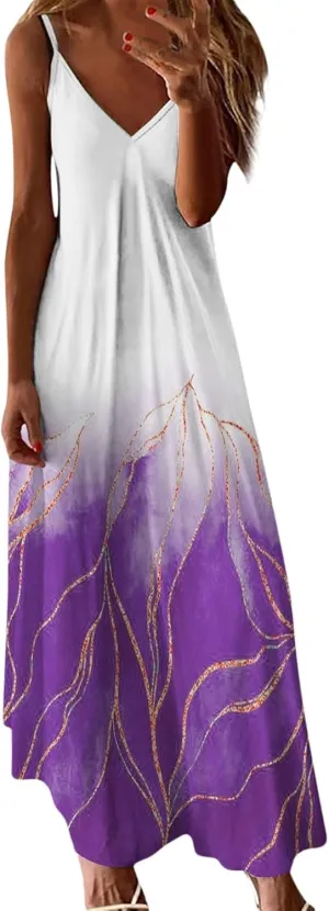 Womens Summer Dresses Spaghetti Strap Casual Sundresses Sleeveless V Neck Beach Loose Maxi Dress 2025