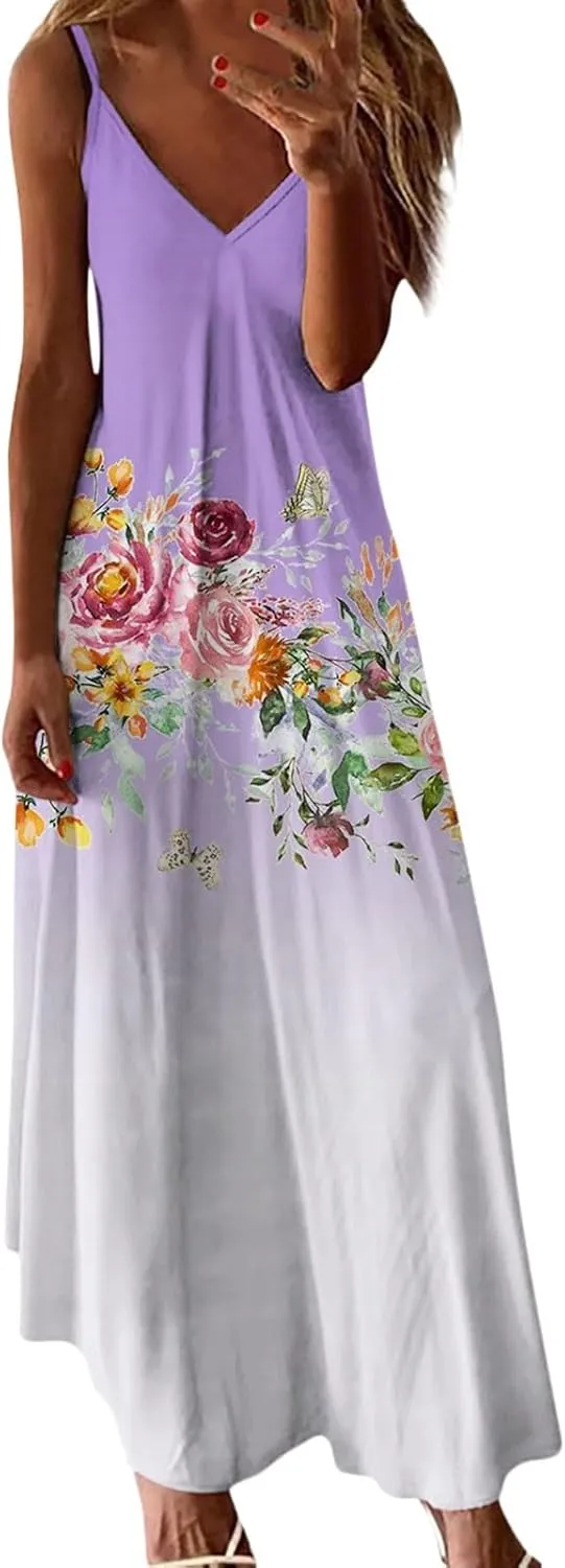 Womens Summer Dresses Spaghetti Strap Casual Sundresses Sleeveless V Neck Beach Loose Maxi Dress 2025