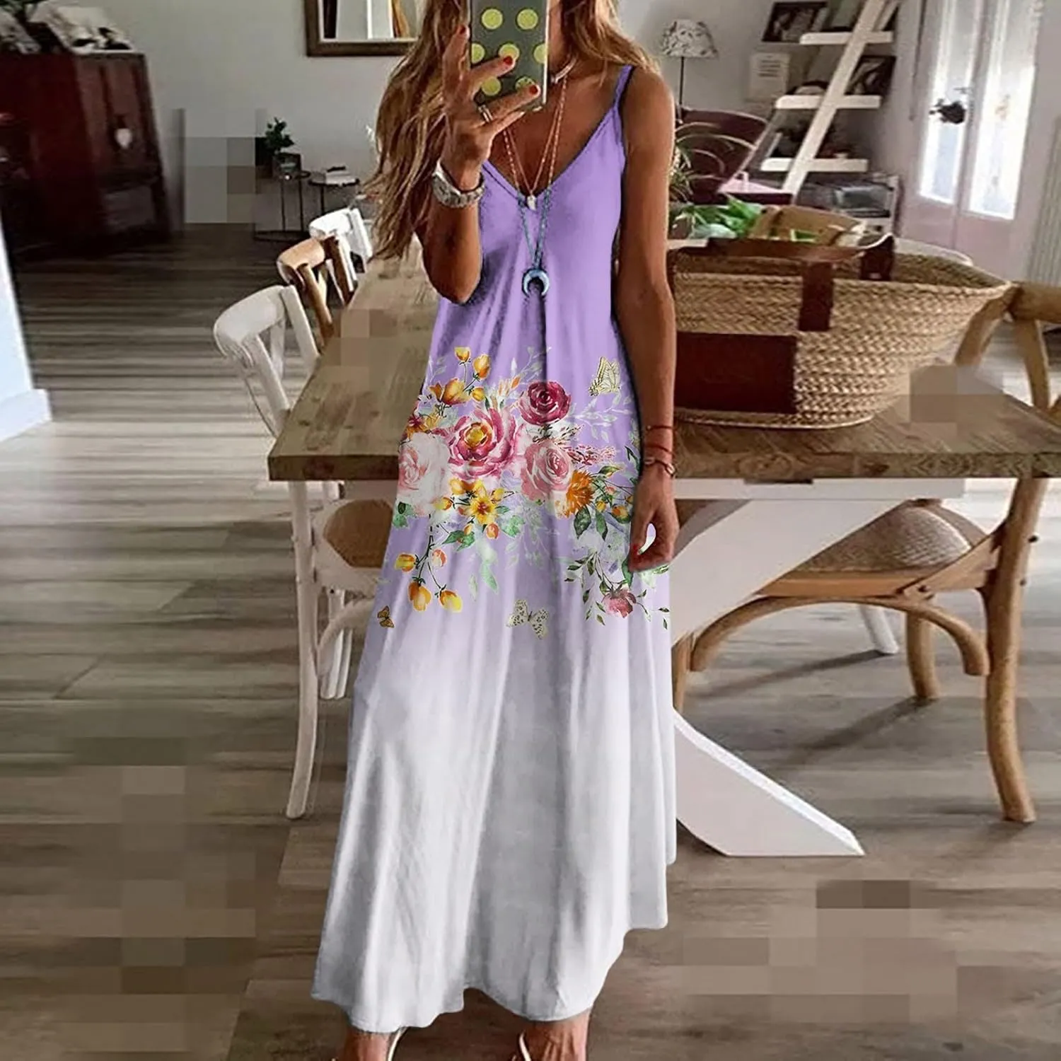 Womens Summer Dresses Spaghetti Strap Casual Sundresses Sleeveless V Neck Beach Loose Maxi Dress 2025