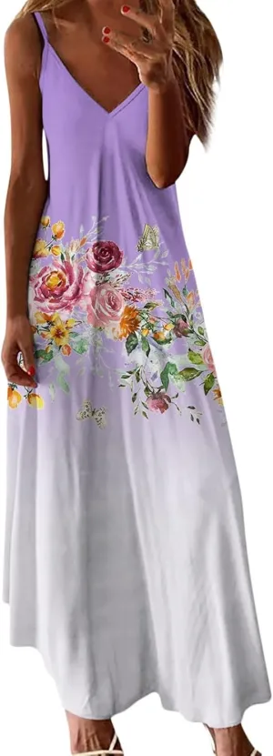 Womens Summer Dresses Spaghetti Strap Casual Sundresses Sleeveless V Neck Beach Loose Maxi Dress 2025