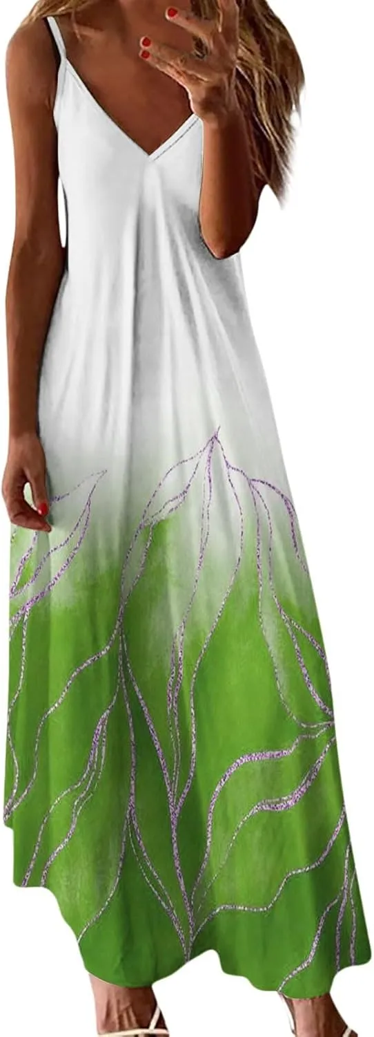 Womens Summer Dresses Spaghetti Strap Casual Sundresses Sleeveless V Neck Beach Loose Maxi Dress 2025