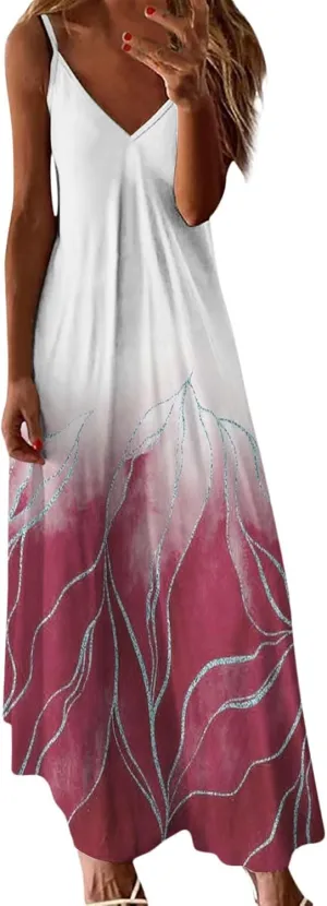 Womens Summer Dresses Spaghetti Strap Casual Sundresses Sleeveless V Neck Beach Loose Maxi Dress 2025