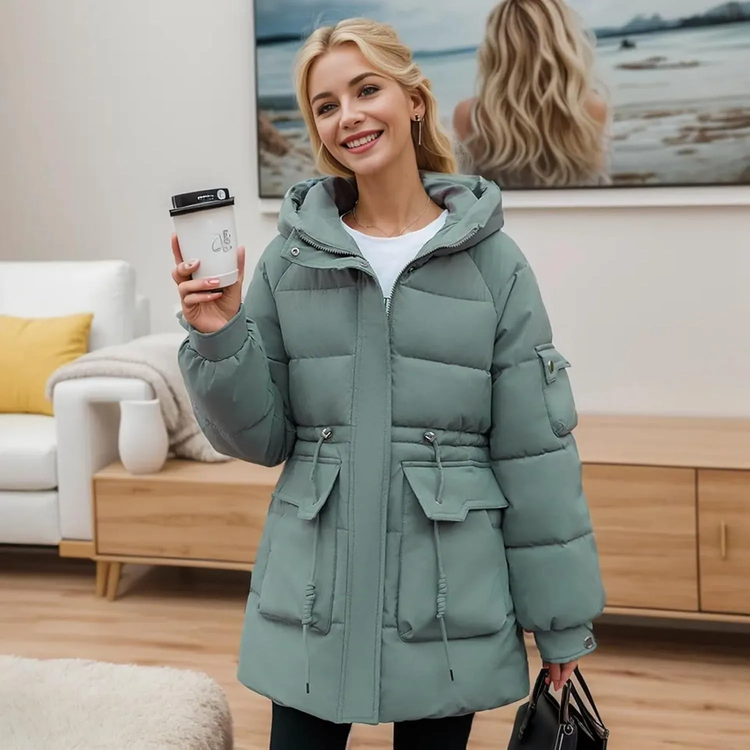 Women's Thickened Down Jacket Warm Winter Hooded Mid-Length Puffy Packable Jacket Puffer Down Coat Christmas Gifts