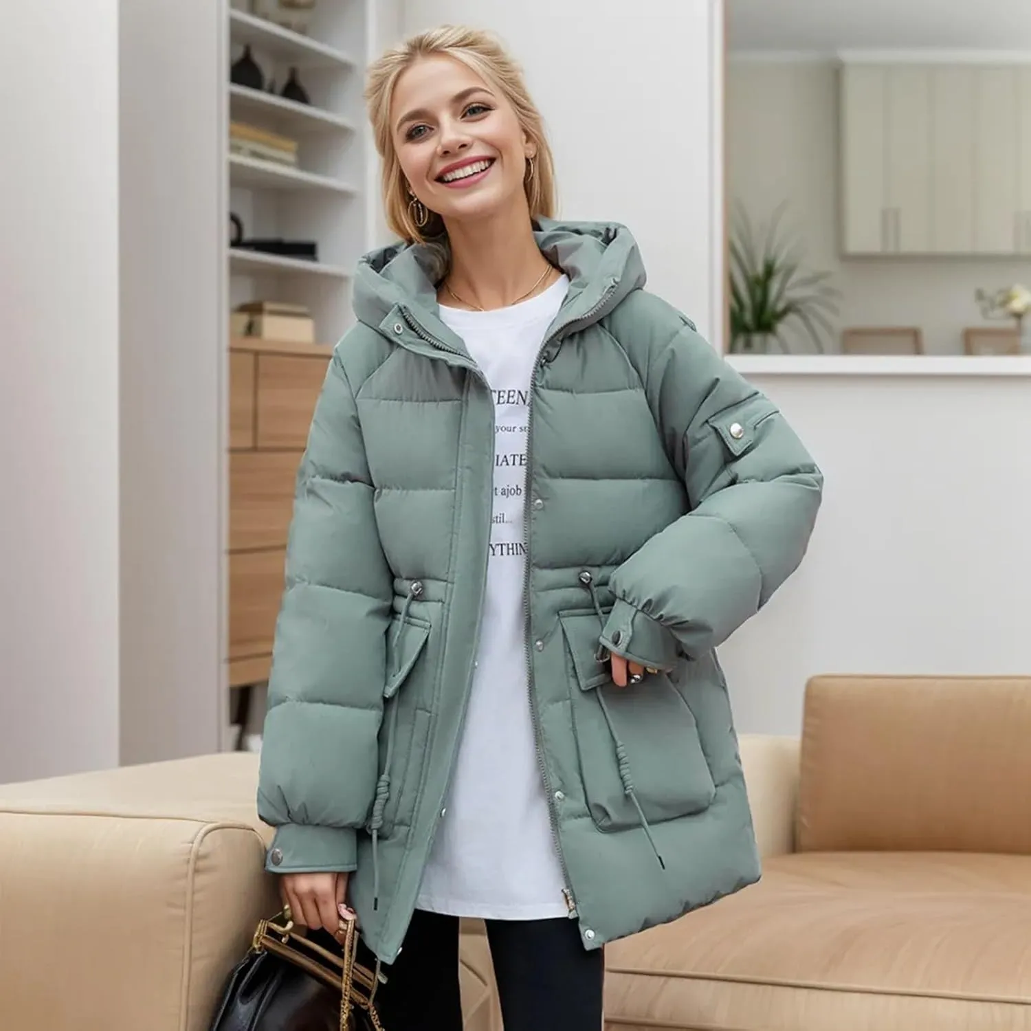 Women's Thickened Down Jacket Warm Winter Hooded Mid-Length Puffy Packable Jacket Puffer Down Coat Christmas Gifts