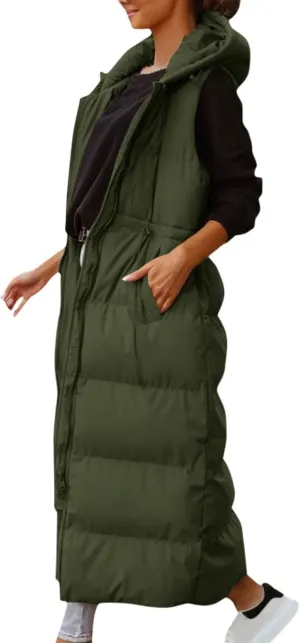 Women's Vest Coat Casual Sleeveless Oversized Long Jackets Solid Color Zip Up Down Jacket Quilted Outdoor Fleece Coat